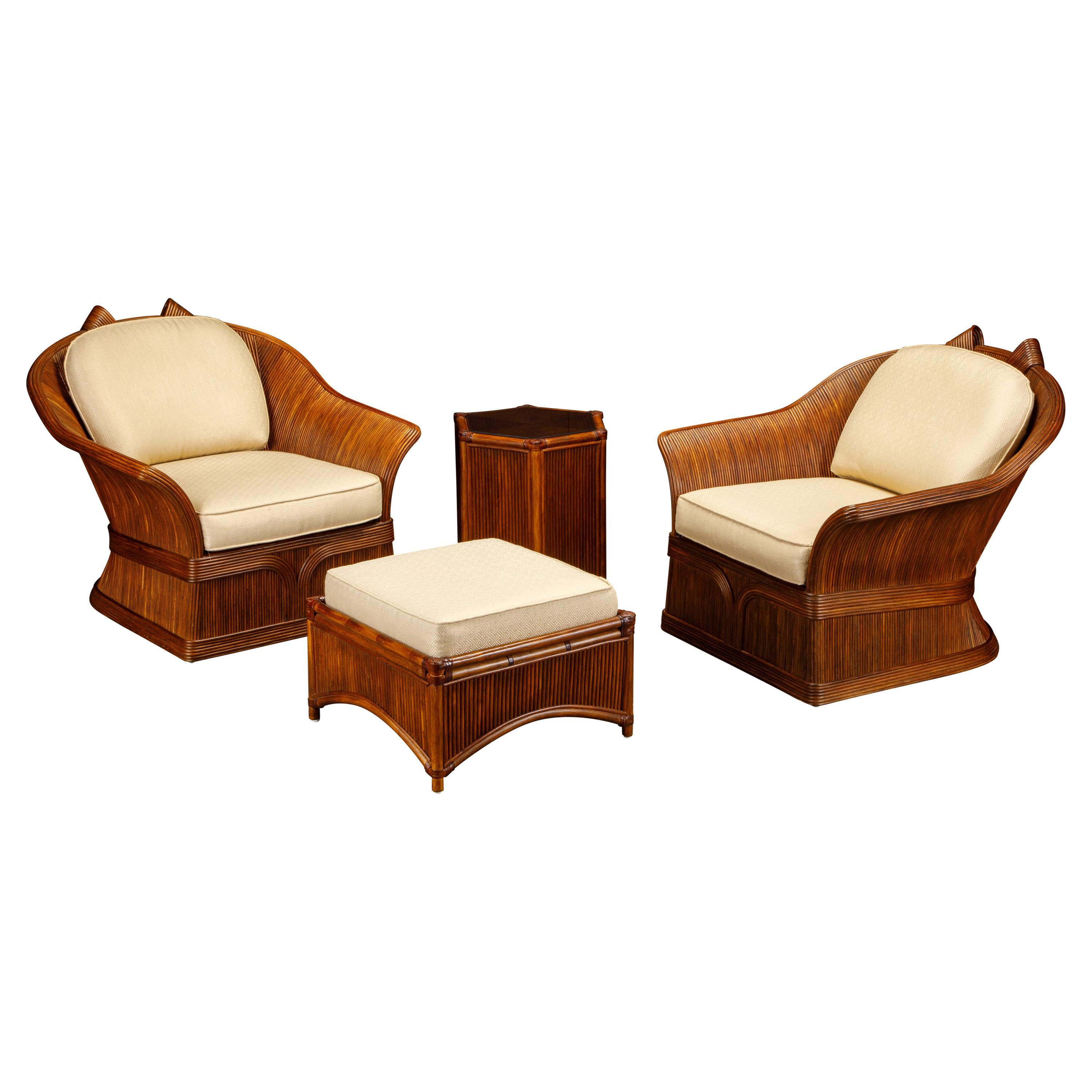 Pencil Reed Rattan Lounge Chair Set Attributed to Betty Cobonpue, circa 1980s