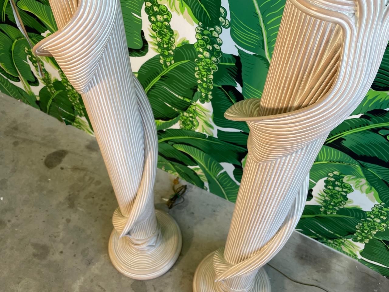Pencil Reed Rattan Sculptural Ribbon Floor Lamps Attributed to Betty Cobonpue In Good Condition In Jacksonville, FL