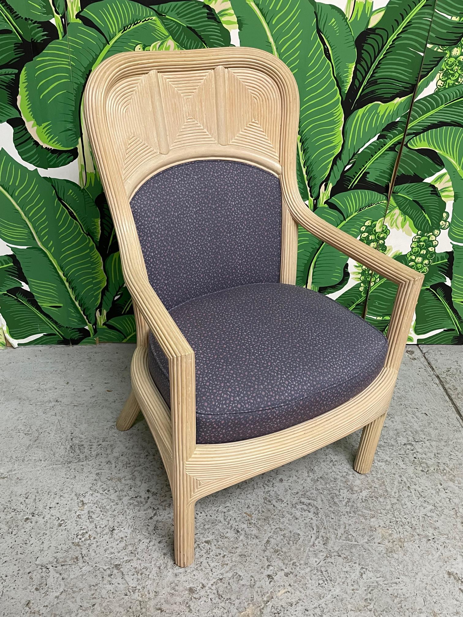 Organic Modern Pencil Reed Rattan Upholstered Dining Chairs For Sale