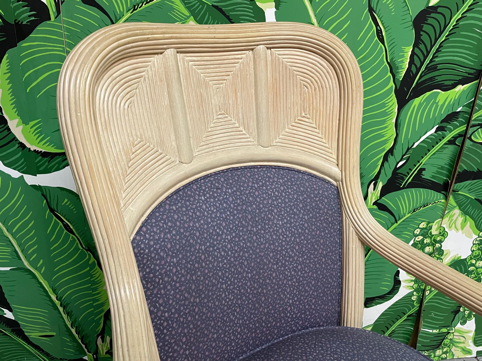 Pencil Reed Rattan Upholstered Dining Chairs In Good Condition For Sale In Jacksonville, FL