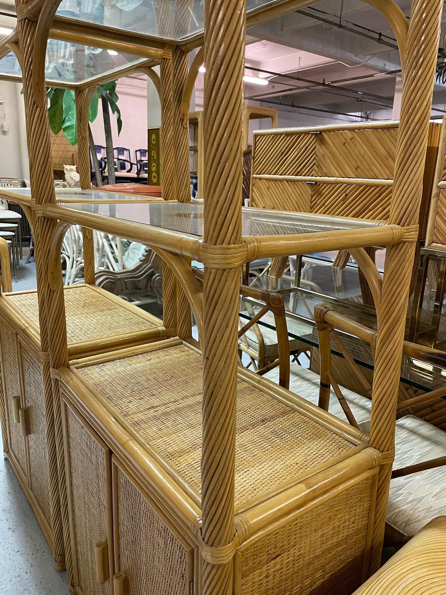Pencil Reed Rattan Wrapped Etageres, a Pair In Good Condition In Jacksonville, FL
