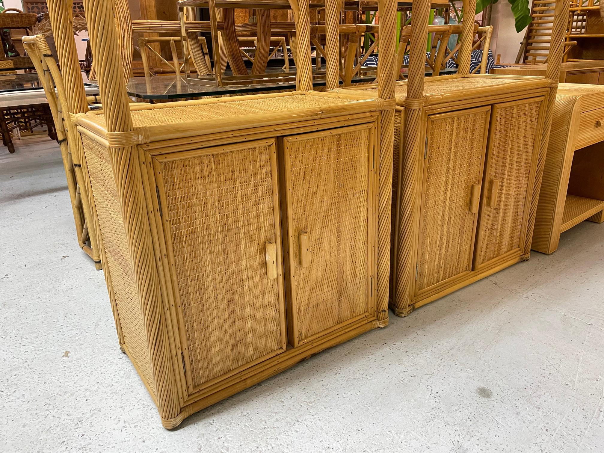 Late 20th Century Pencil Reed Rattan Wrapped Etageres, a Pair