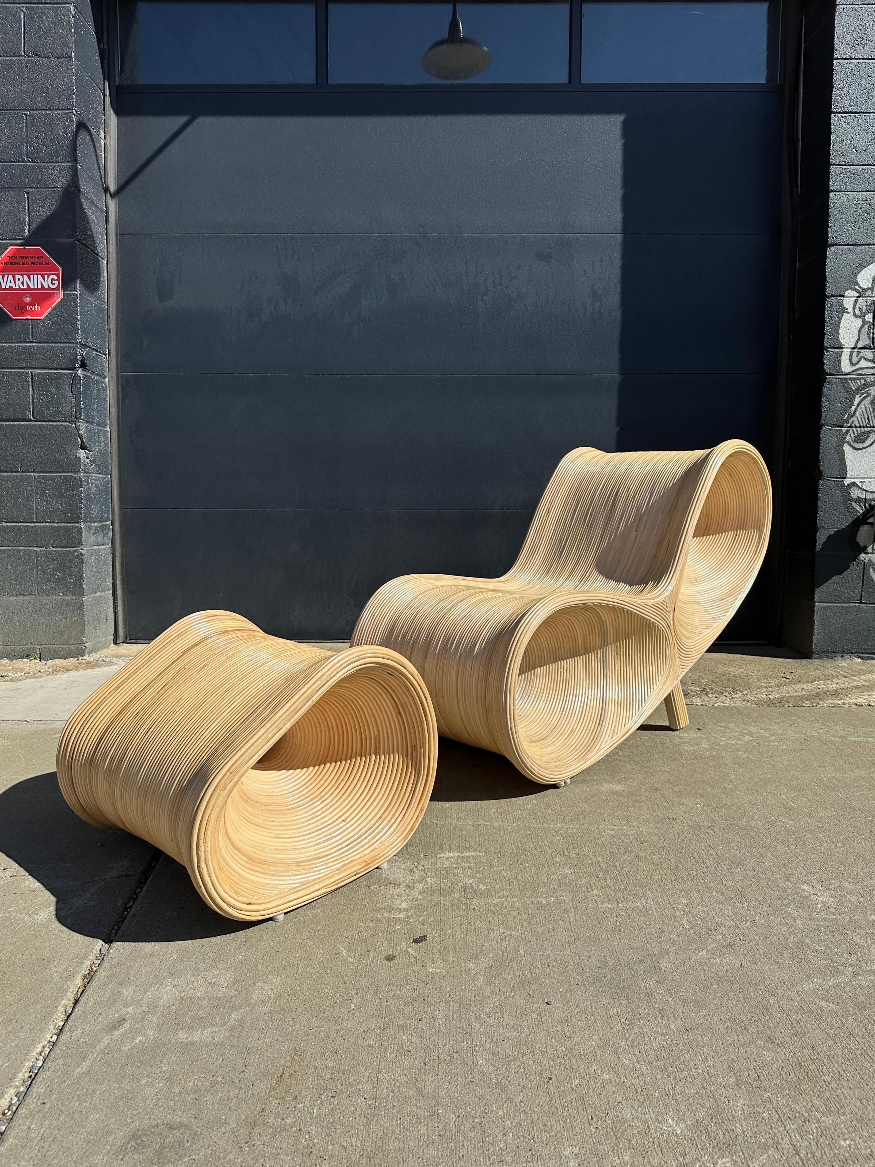Post-Modern Pencil Reed Sculptural Ear Lounge Chair and Ottoman by Betty Cobonpue