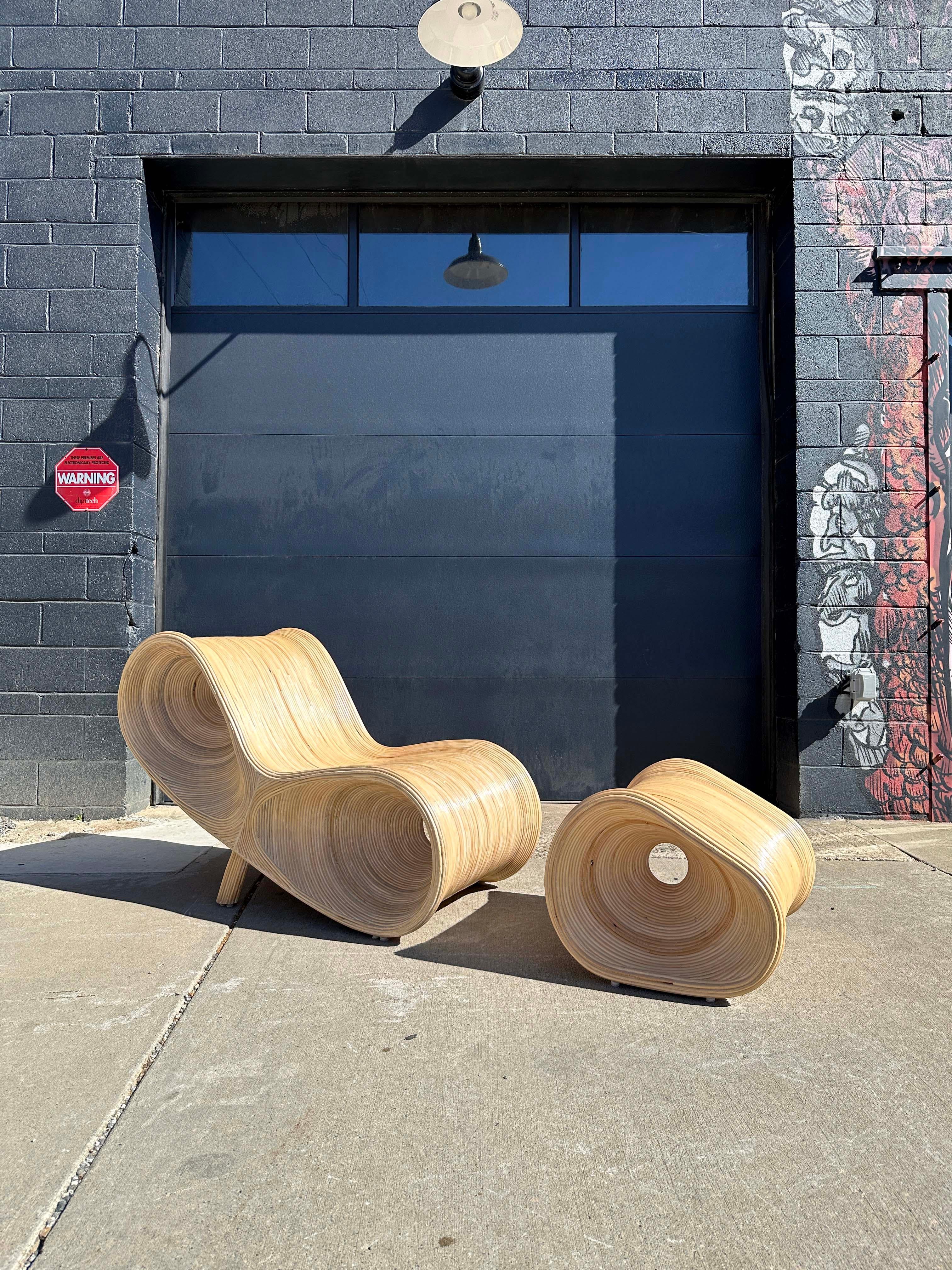 American Pencil Reed Sculptural Ear Lounge Chair and Ottoman by Betty Cobonpue