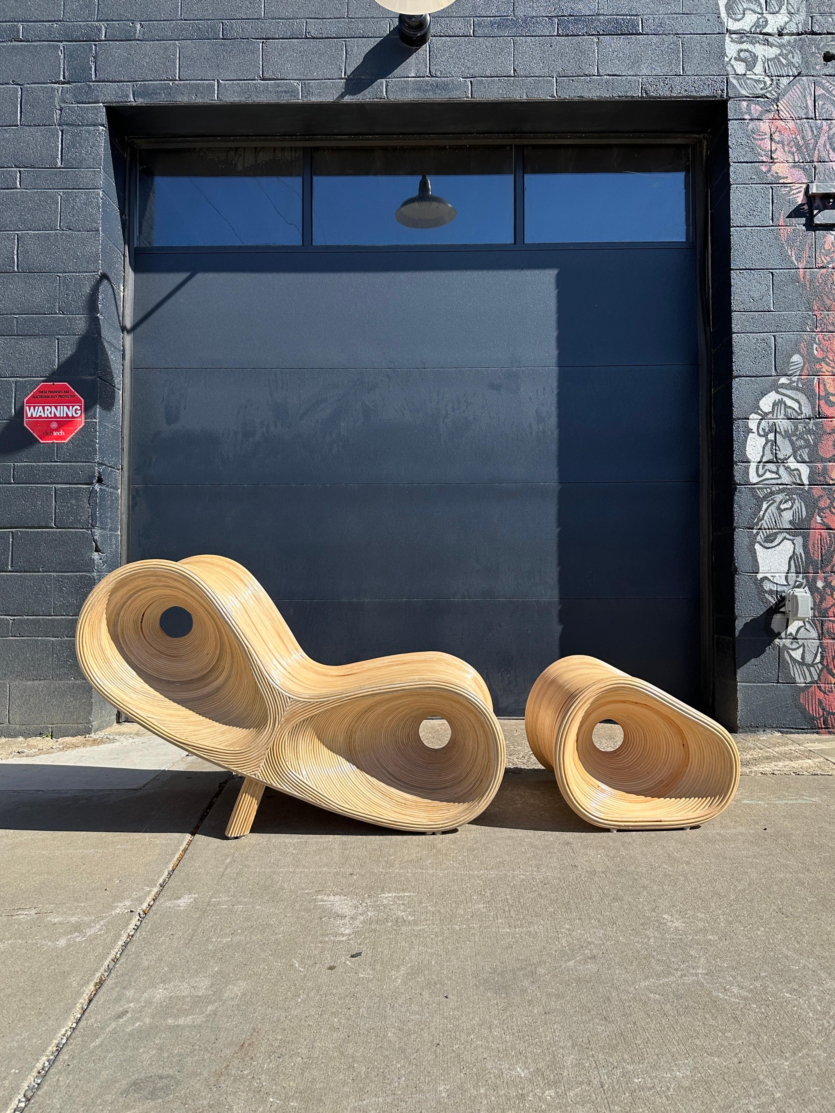 Pencil Reed Sculptural Ear Lounge Chair and Ottoman by Betty Cobonpue In Fair Condition In Asheville, NC