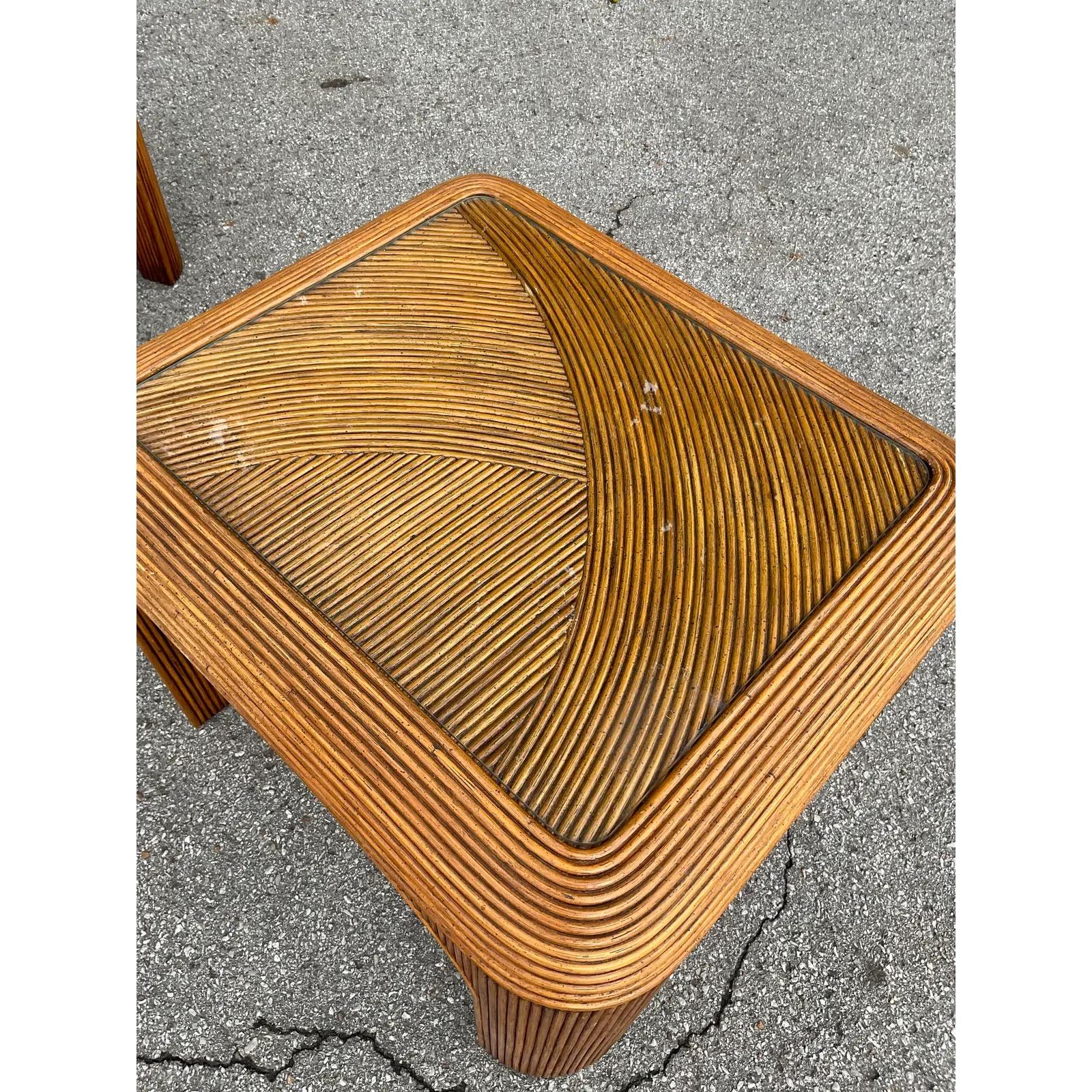 American Pencil Reed Side Table With Glass Top For Sale