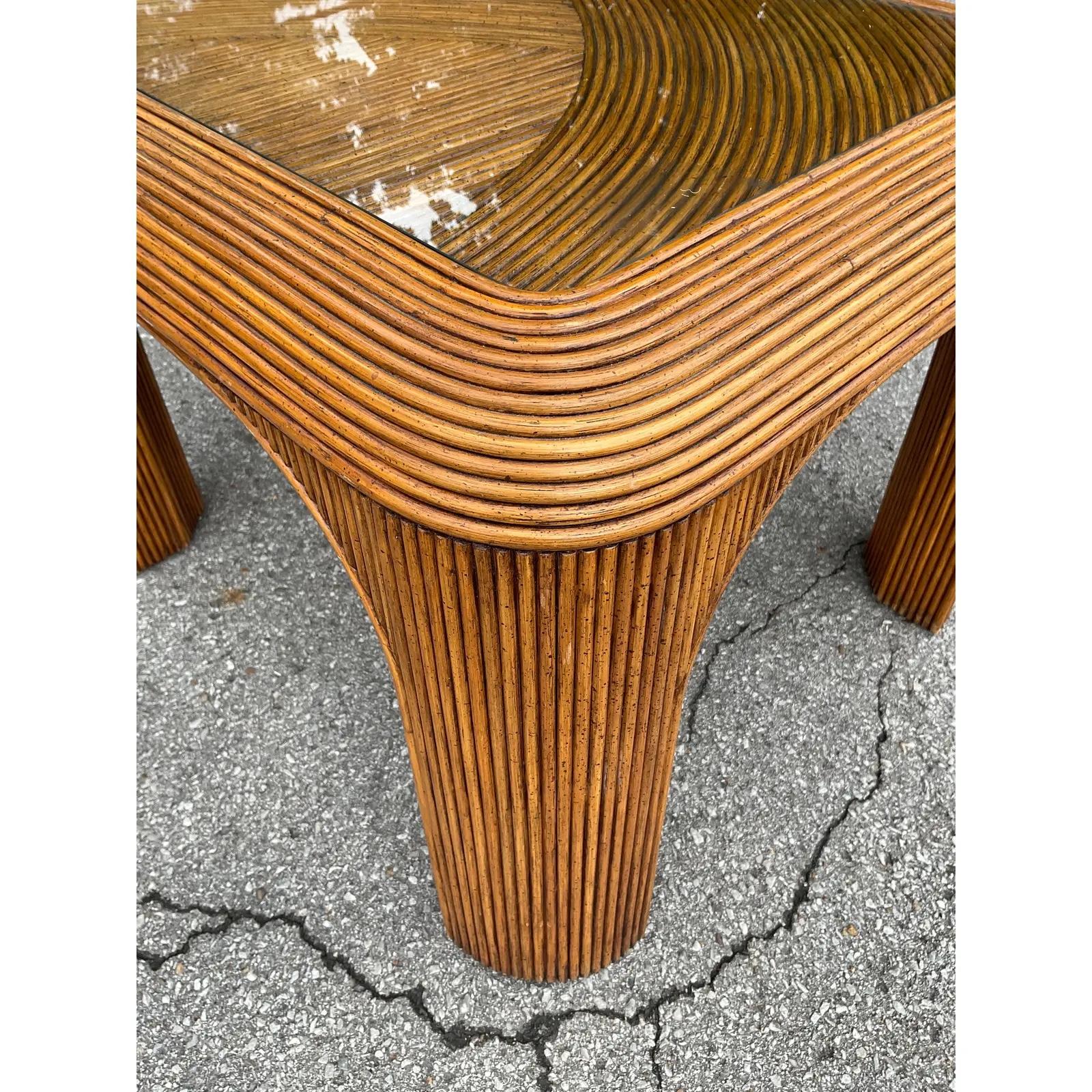 Rattan Pencil Reed Side Table With Glass Top For Sale