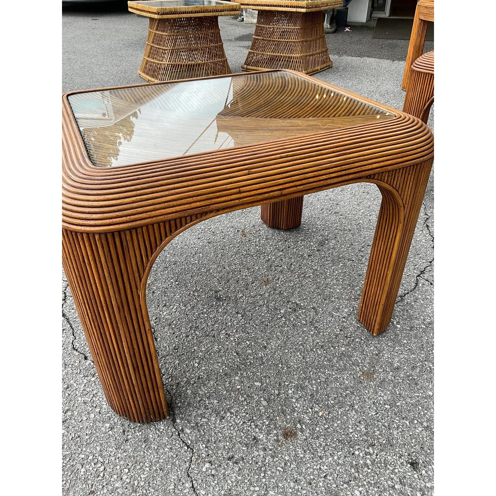 Pencil Reed Side Table With Glass Top For Sale 1