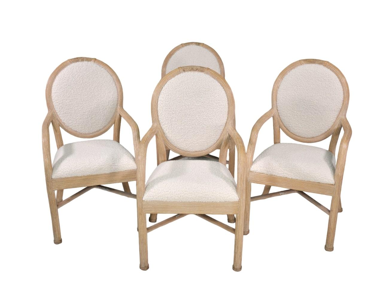 Pencil Reed, White Boucle and Travertine Dining Chairs 6