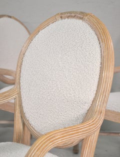 Pencil Reed, White Boucle and Travertine Dining Chairs