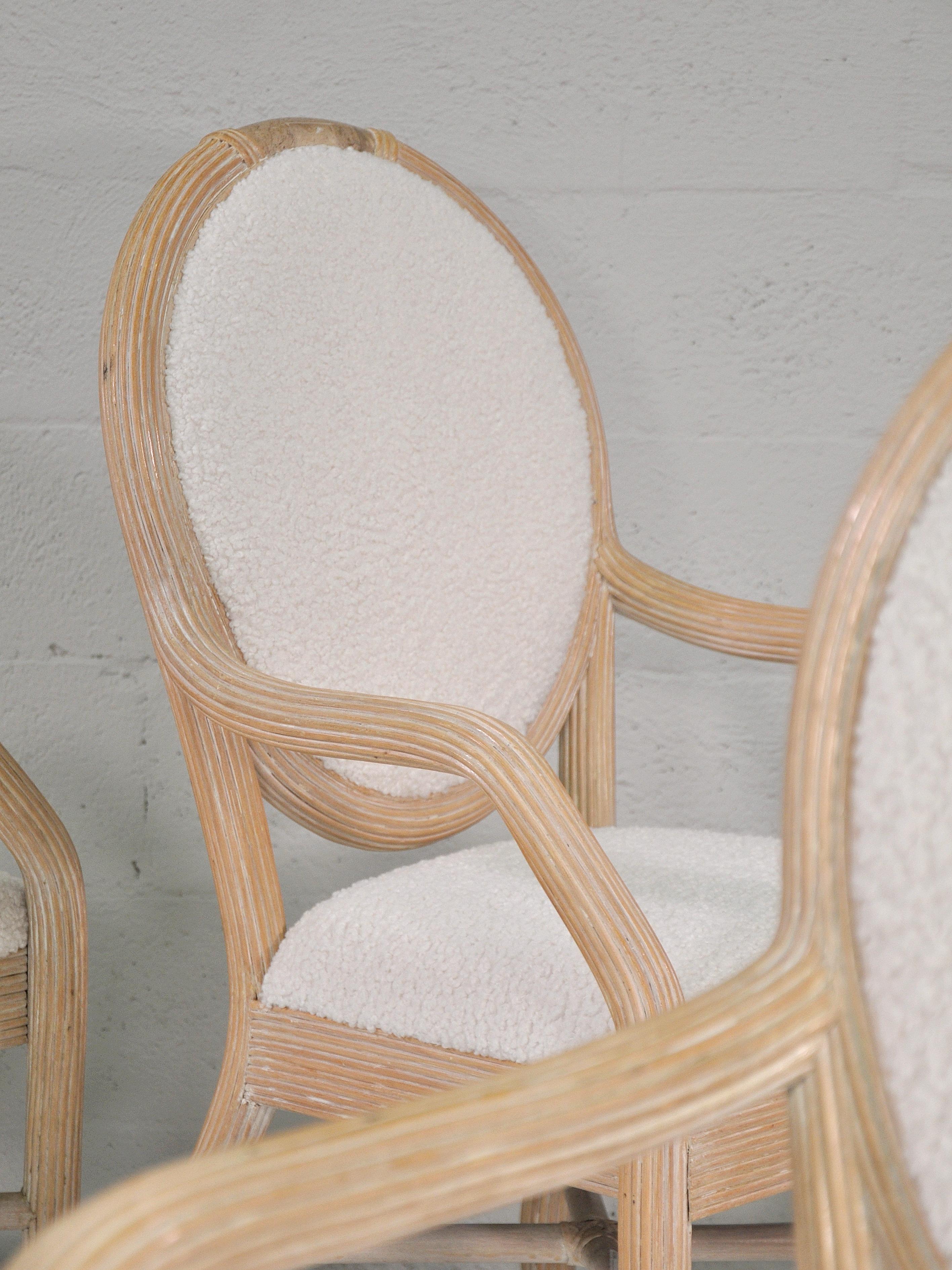 Late 20th Century Pencil Reed, White Boucle and Travertine Dining Chairs