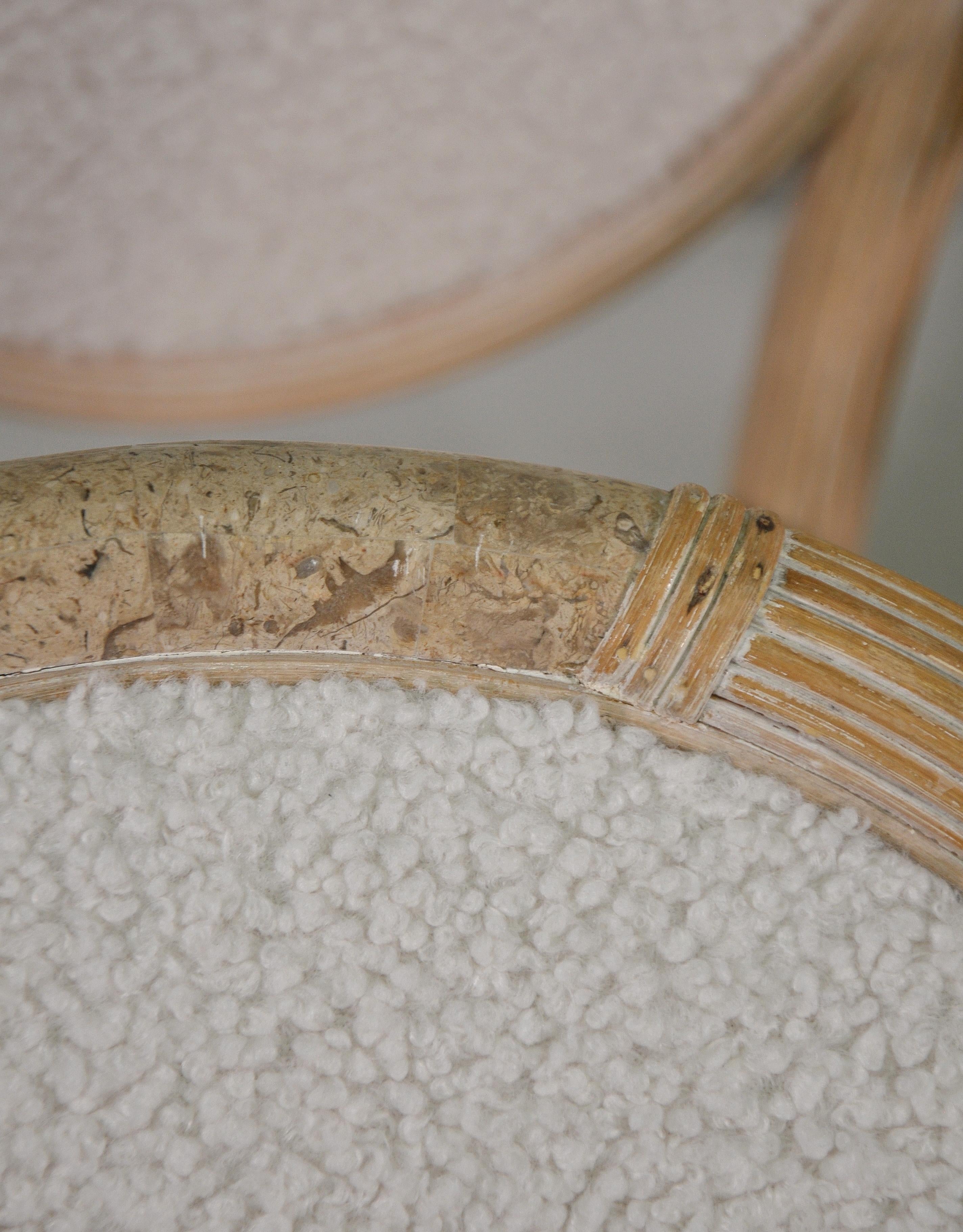 Pencil Reed, White Boucle and Travertine Dining Chairs 3