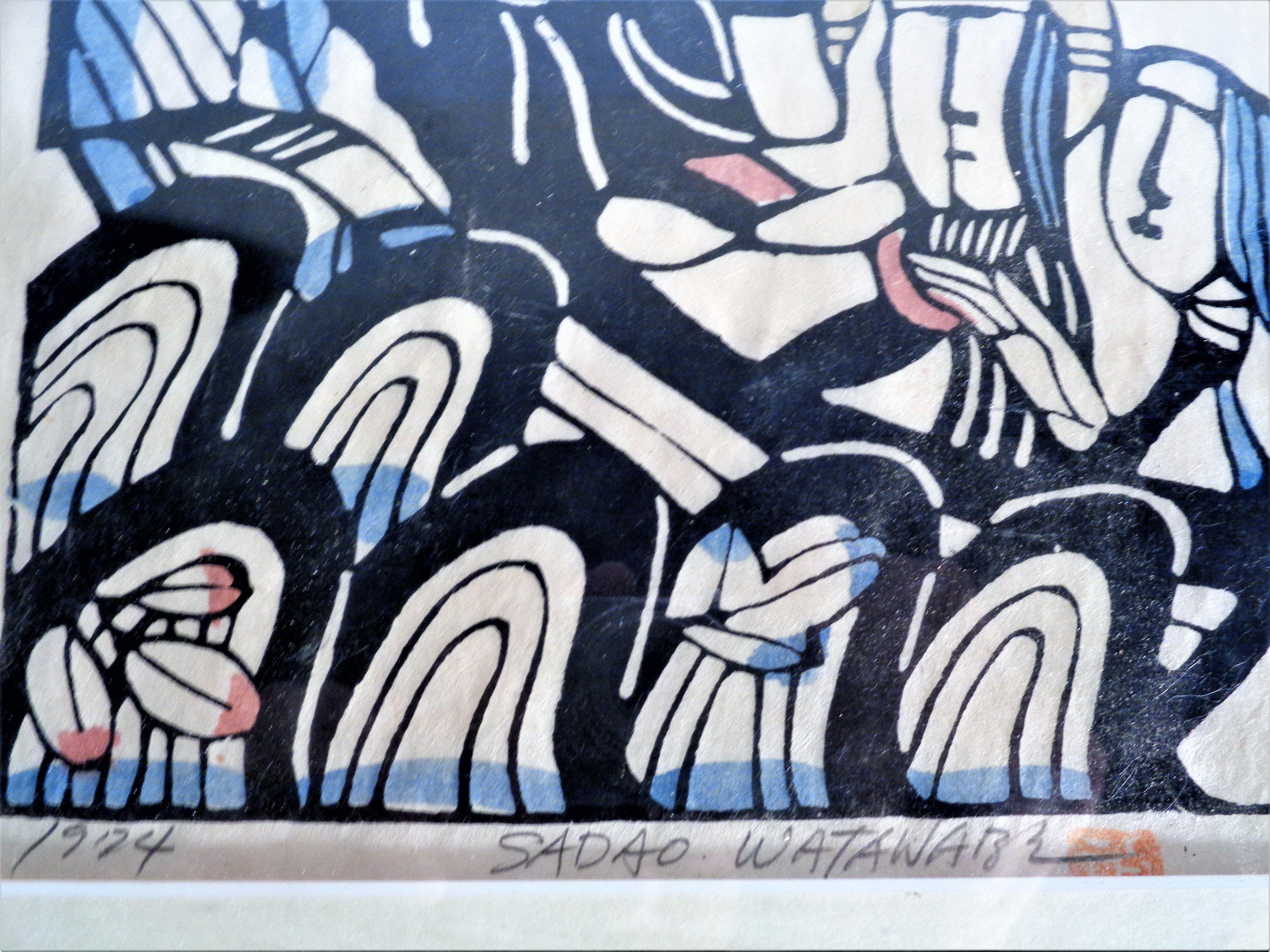 Woodblock print by Sadao Watanabe with artist seal, pencil signed and pencil dated 1974. Set in original gold metal frame. Gallery label and pencil writing on wood back - Art Gallery Kaigado, Hotel Okura Arcade, Imperial Hotel Arcade / The Modern