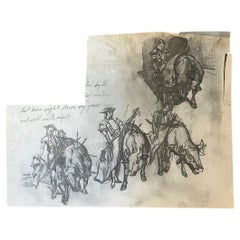 Esbozo a lápiz de jinetes de toros sobre papel