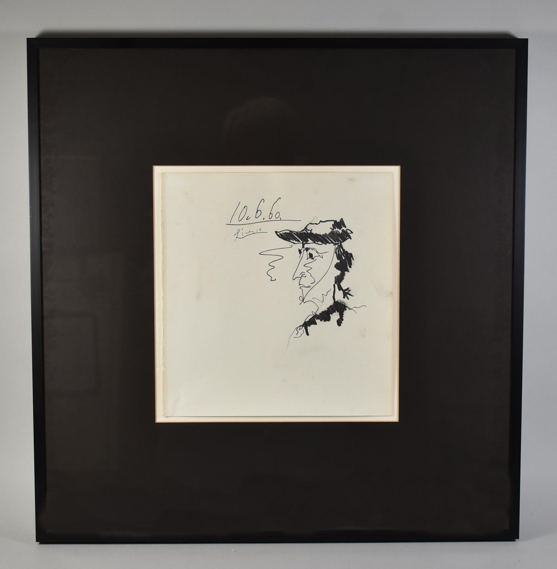 Original pencil drawing of a mans portrait from a sketch book dated and signed by Pablo Picasso 1960. Framed. Image is 10