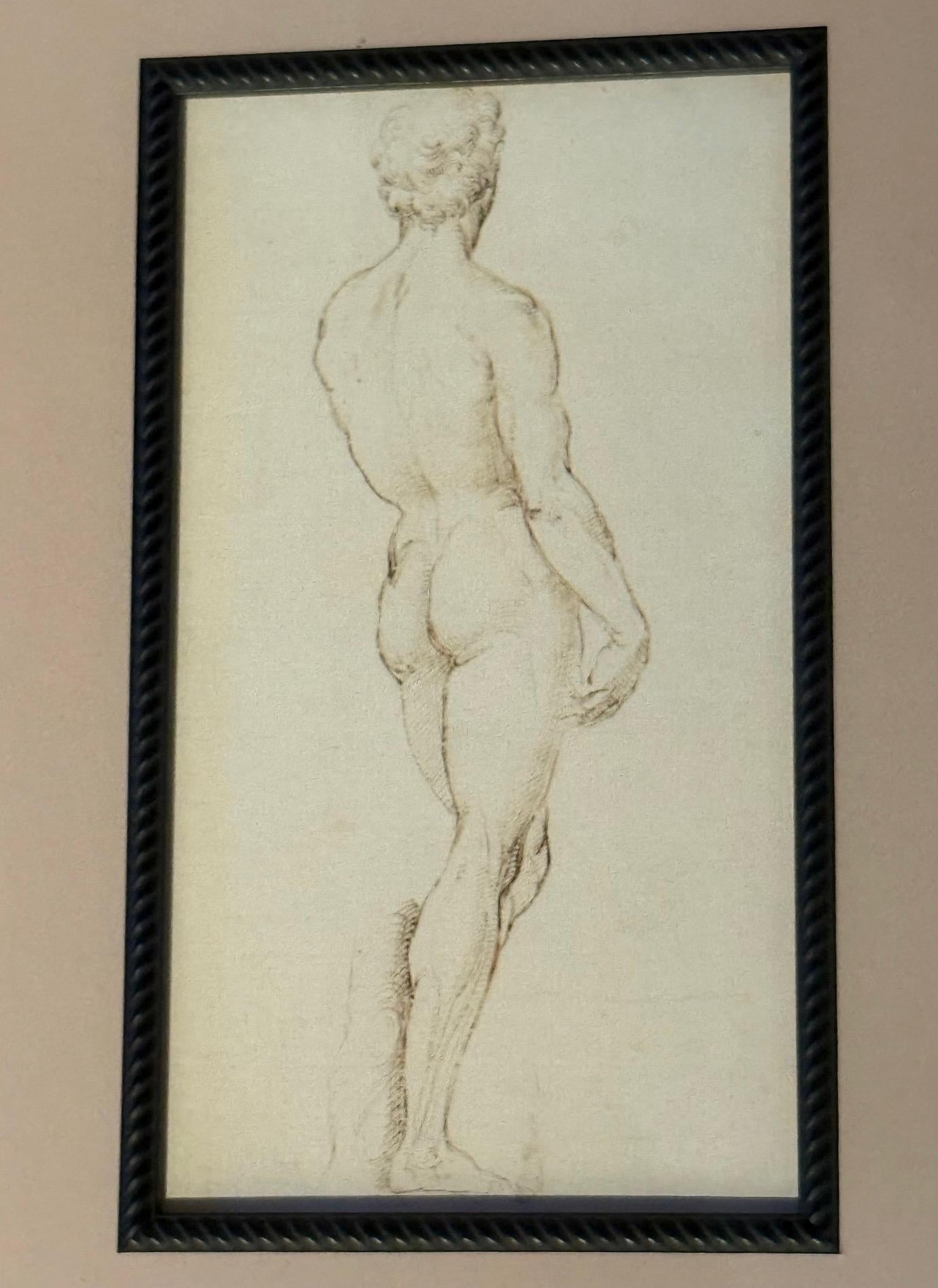 Zeitgenössische amerikanische Bleistiftskizze einer nackten männlichen Figur.
Rahmen aus Kirschholz.