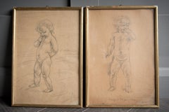 Pencil Sketches of Young Boy and Girl, Framed