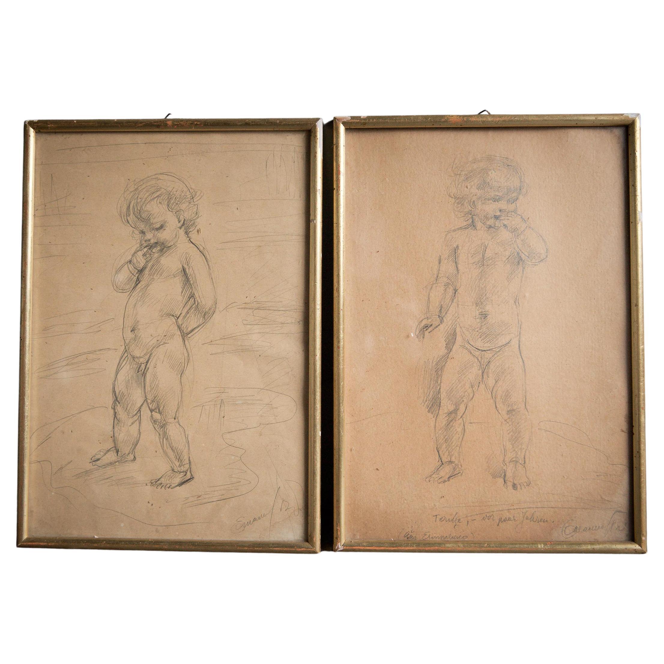 Sketches au crayon d'un jeune garçon et d'une jeune fille, encadrées en vente