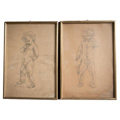 Antique Pencil Sketches of Young Boy and Girl, Framed