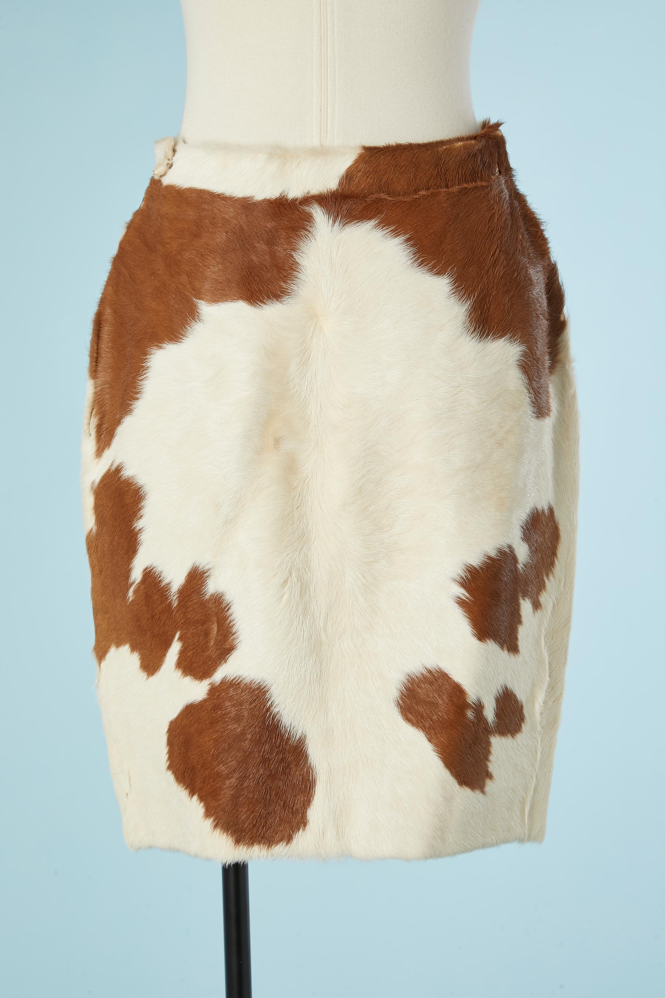 Pencil skirt in off-white and brown cow furs Lecoanet Hémant Show piece  In Good Condition For Sale In Saint-Ouen-Sur-Seine, FR