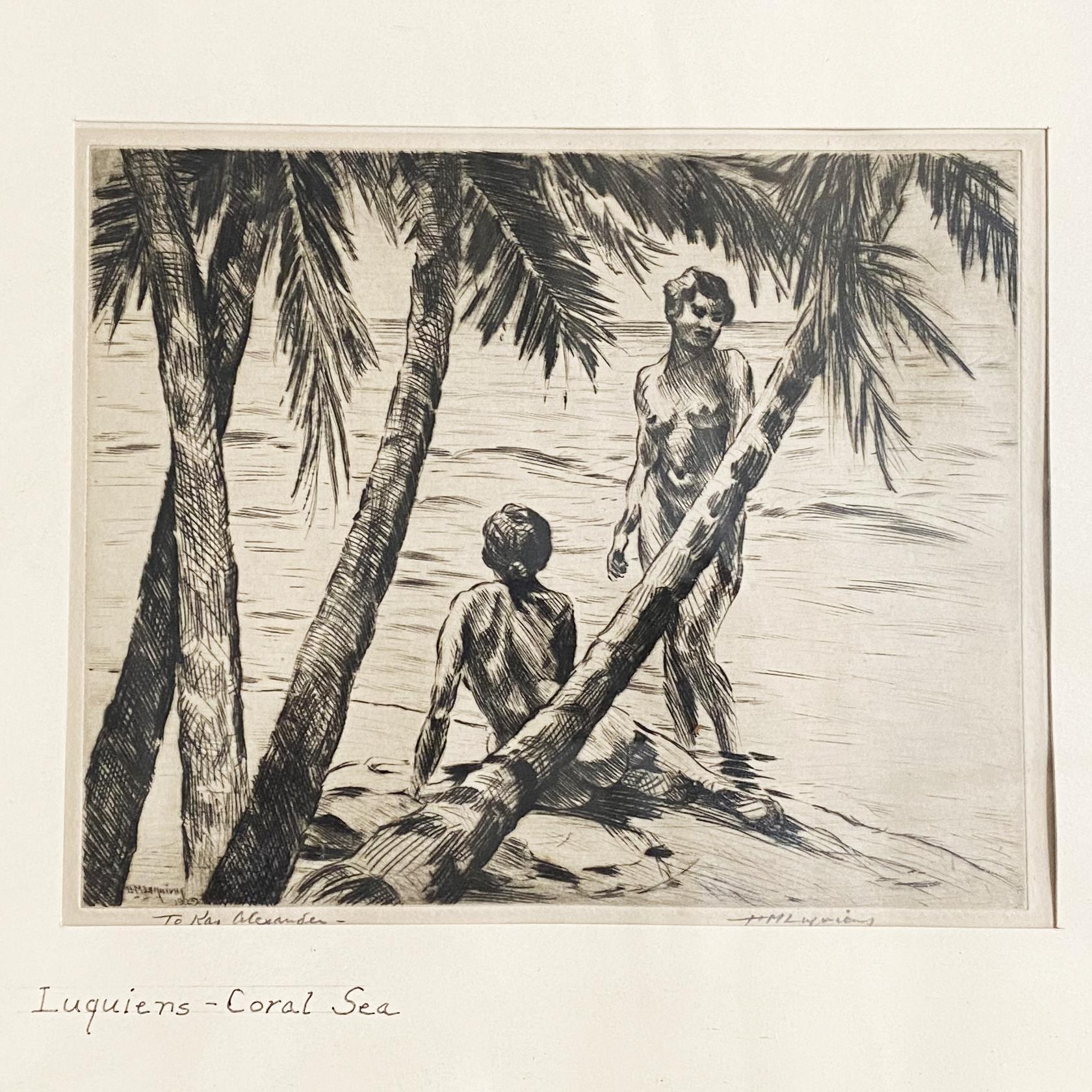 Early 20th Century Pencile Nude Hawaii Etching Circa 1929 by Huc-Mazelet Luquiens, Pair
