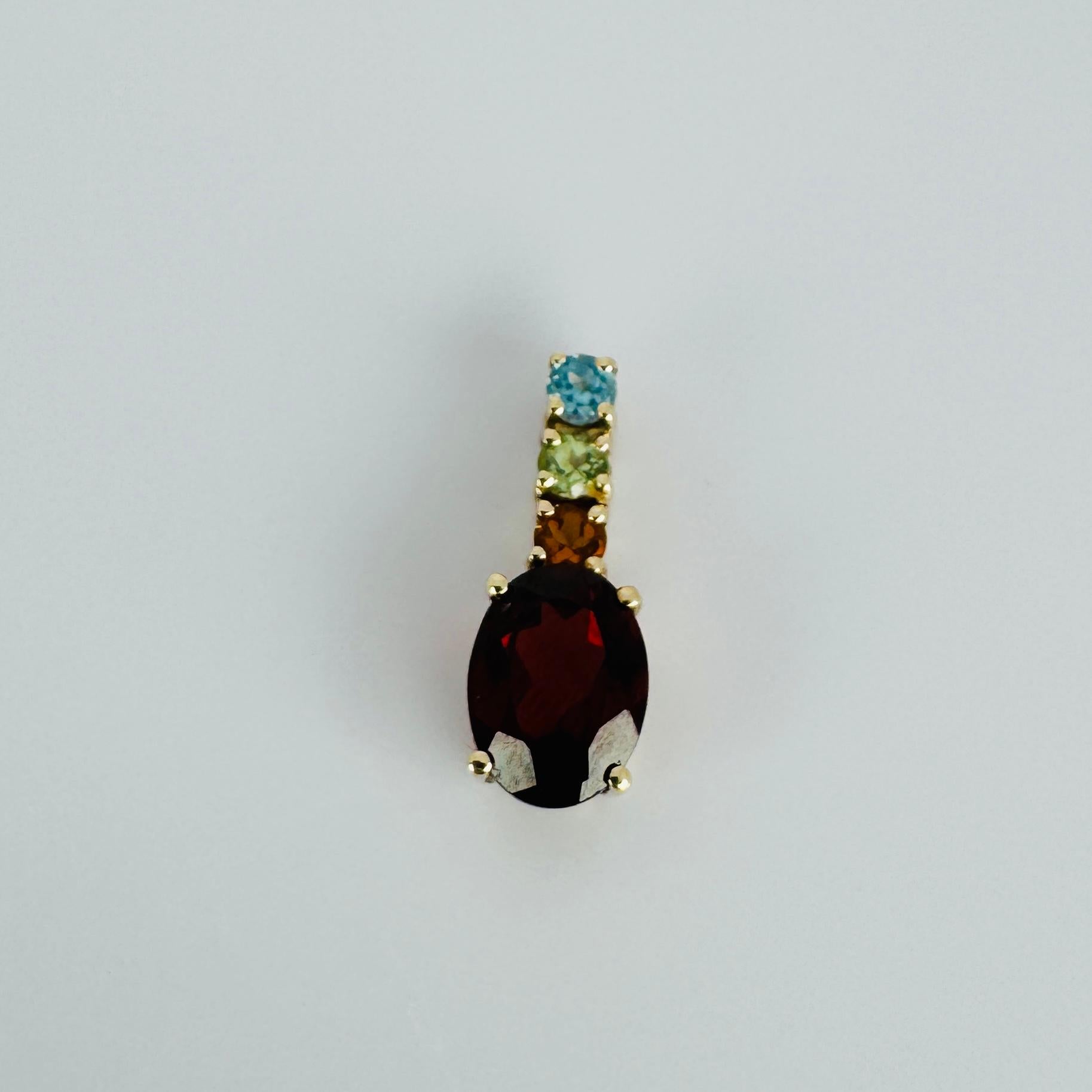 Pendant 14k yellow gold oval garnet 0.41 carat, citrine, peridot, topaz 0.09 ct For Sale 1