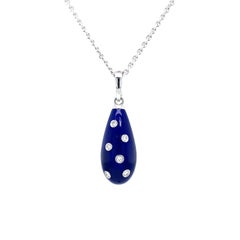 Drop Pendant 18k White Gold Blue Vitreous Guilloche Enamel 6 Diamonds 0.07ct GVS