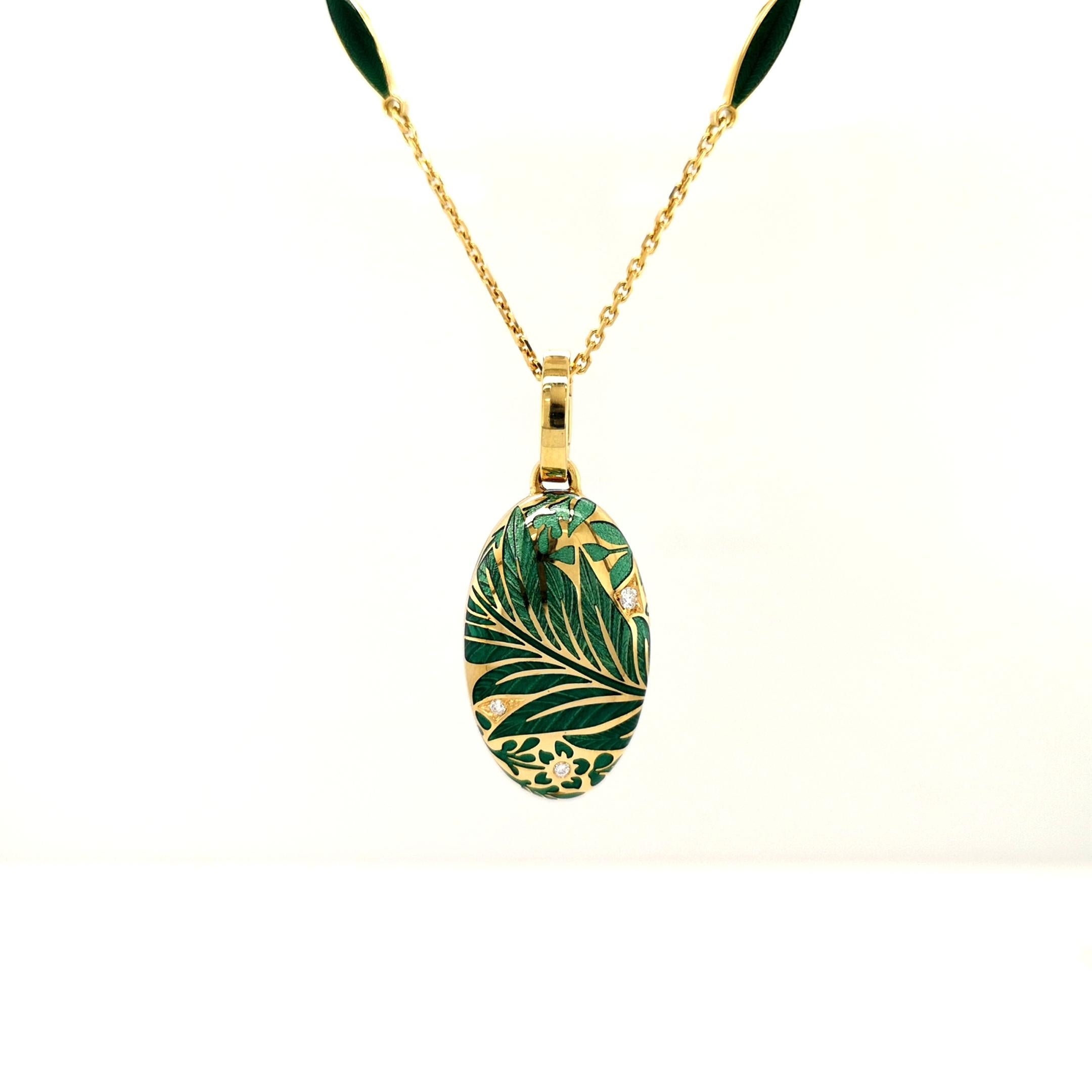 Victor Mayer oval pendant locket 18k yellow gold, emerald turquoise vitreous enamel, 3 diamonds, total 0.04 ct G VS, brilliant cut, measurements app. 24.5 mm x 15.0 mm

About the creator Victor Mayer
Victor Mayer is internationally renowned for
