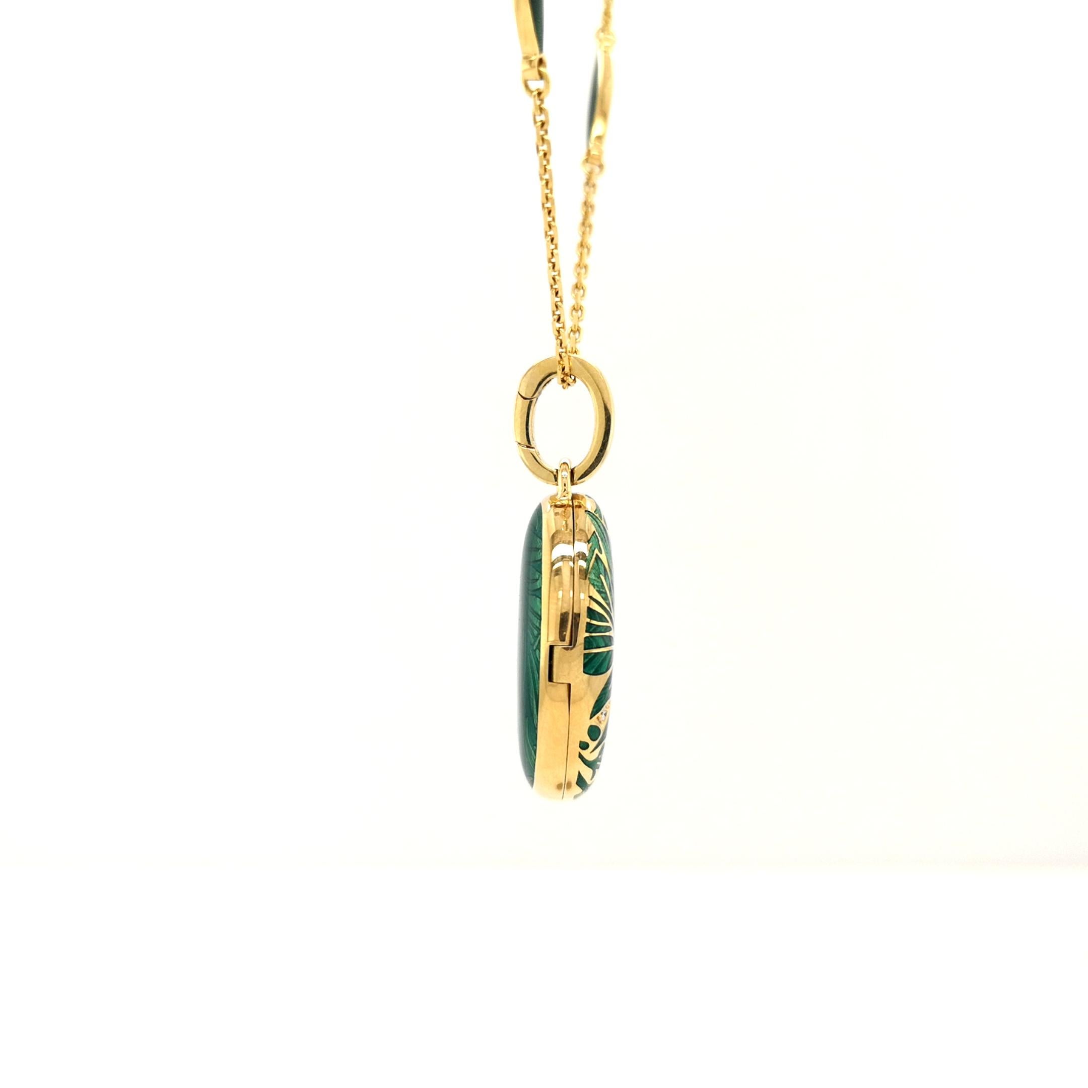 Contemporary Oval Pendant Locket - 18k Yellow Gold - Turquoise Enamel 3 Diamonds 0.04 ct G VS For Sale