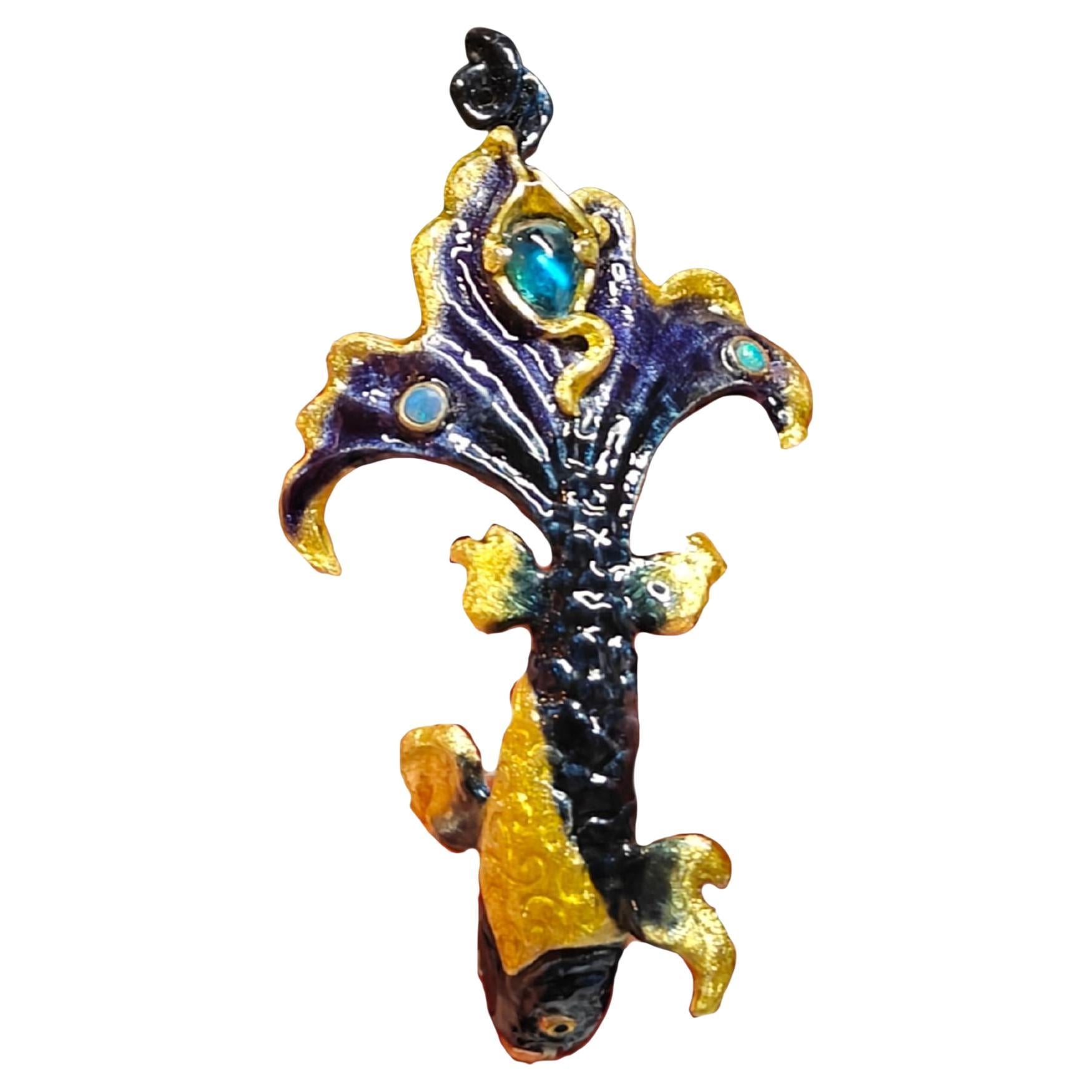 Ciondolo in argento 960 con smalto a caldo Topazio blu e pietre opali di Konforti Gioielli in vendita