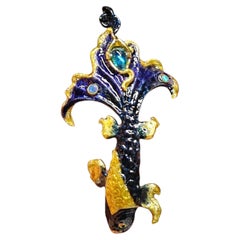 Pendant 960 Silver Hot Enamel Blue Topaz Opal Gemstones Konforti- Ready To Ship