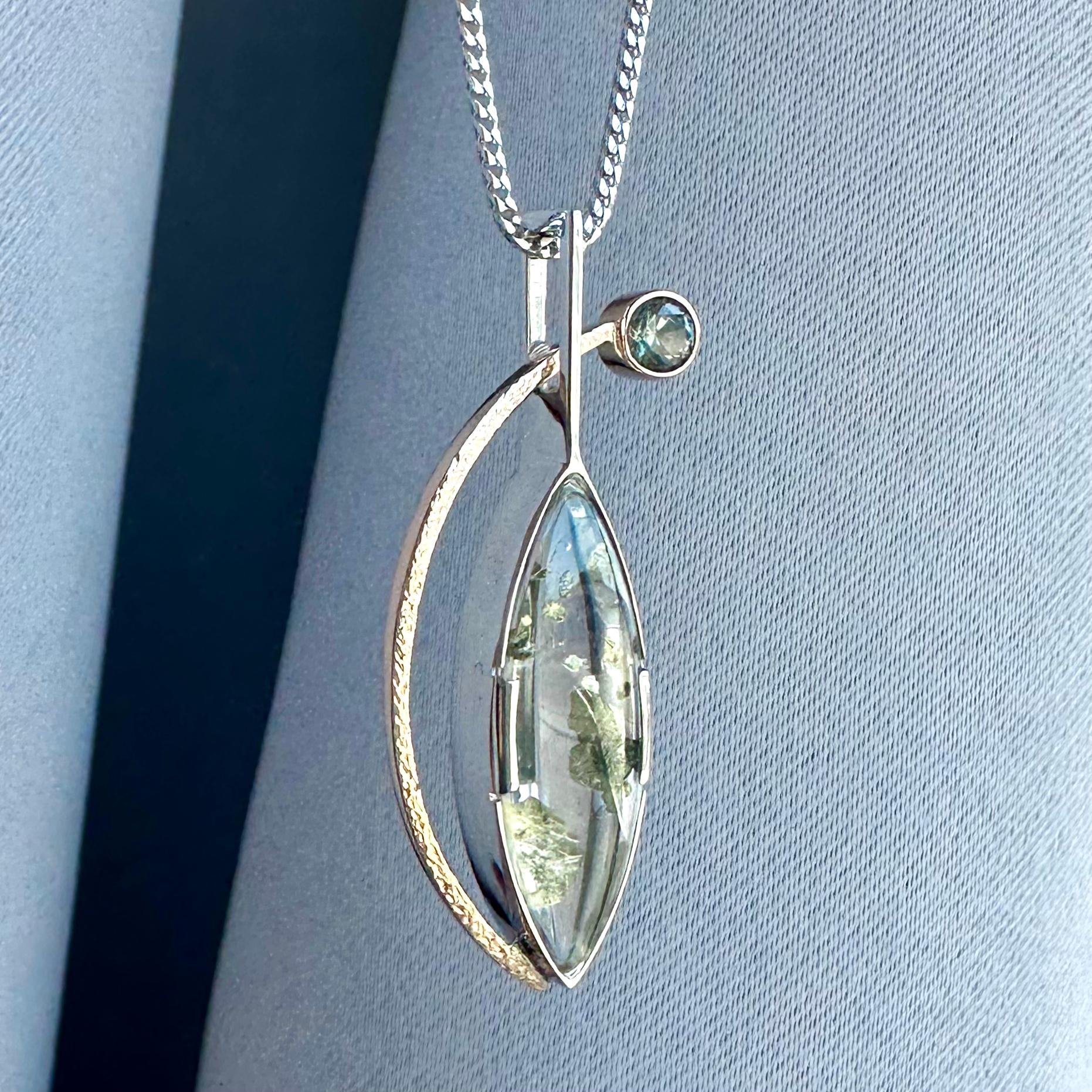 Marquise Cut Pendant 9.98 ct pyrite-in-quartz, Montana Sapphire, 14k/18k G&G Original Design For Sale