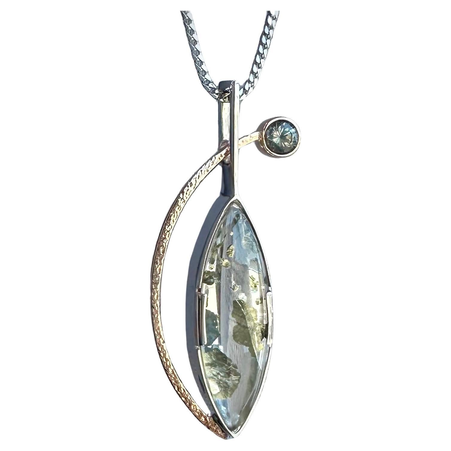 Pendant 9.98 ct pyrite-in-quartz, Montana Sapphire, 14k/18k G&G Original Design For Sale
