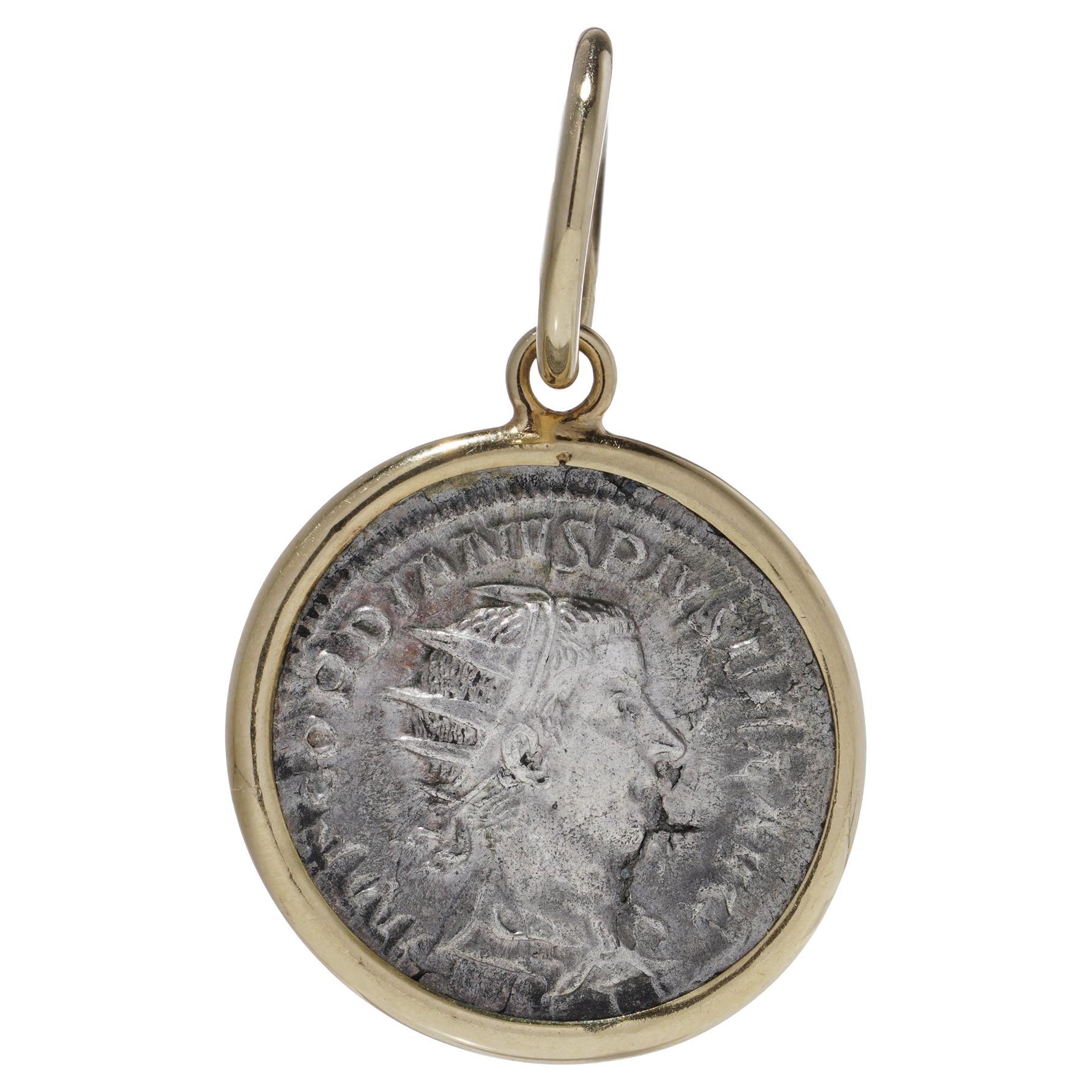Pendant Ancient Roman Gordian III Silver Antoninianus Coin Pendant in 18kt Gold