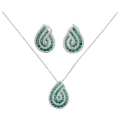 Vintage Pendant and Earring Set with Blue Diamonds in White Gold