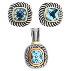 Pendant and Earrings Set, David Yurman Sterling Silver & 14k Gold Blue Topaz