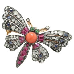 Pendant / Brooch Butterfly Diamonds Sapphires Rubies Emeralds 18K Pink Gold
