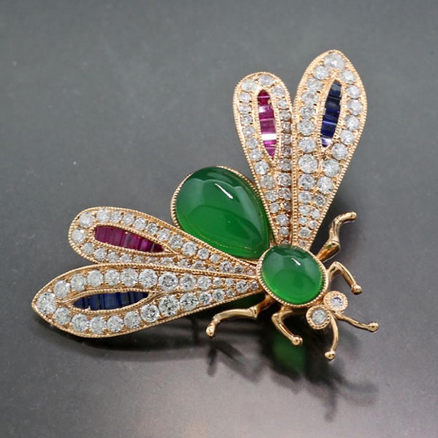 Art Deco Pendant / Brooch Dragonfly Diamonds Rubies Sapphires 18K Gold animal motif
