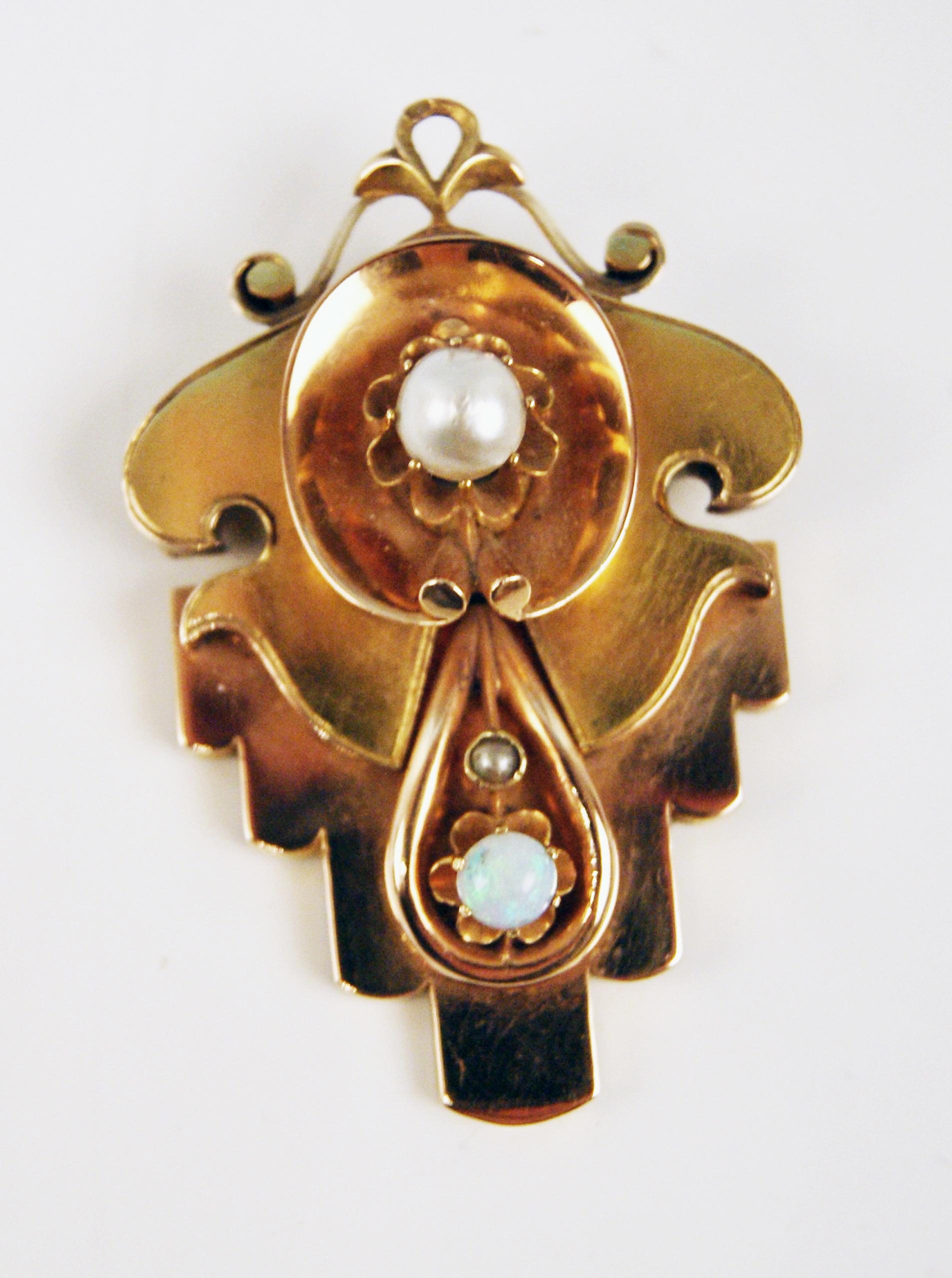Anhänger-Brosche Gold 585 Zwei Perlen eine Opal Biedermeier-Periode Wien um 1850 im Angebot 1