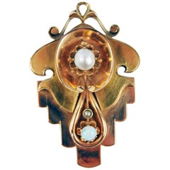 Anhänger-Brosche Gold 585 Zwei Perlen eine Opal Biedermeier-Periode Wien um 1850
