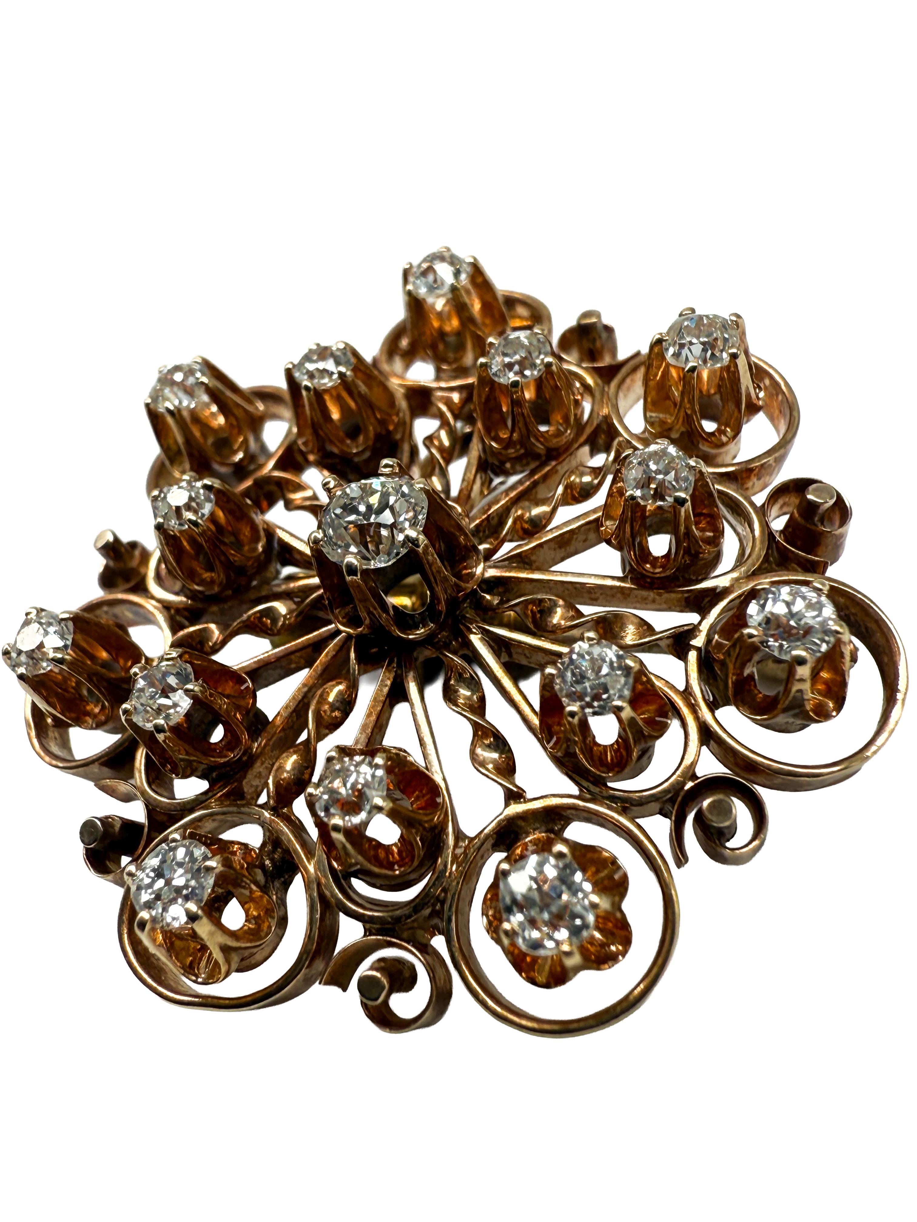 Modern Pendant/Brooch in 14k Yellow Gold with Diamonds For Sale