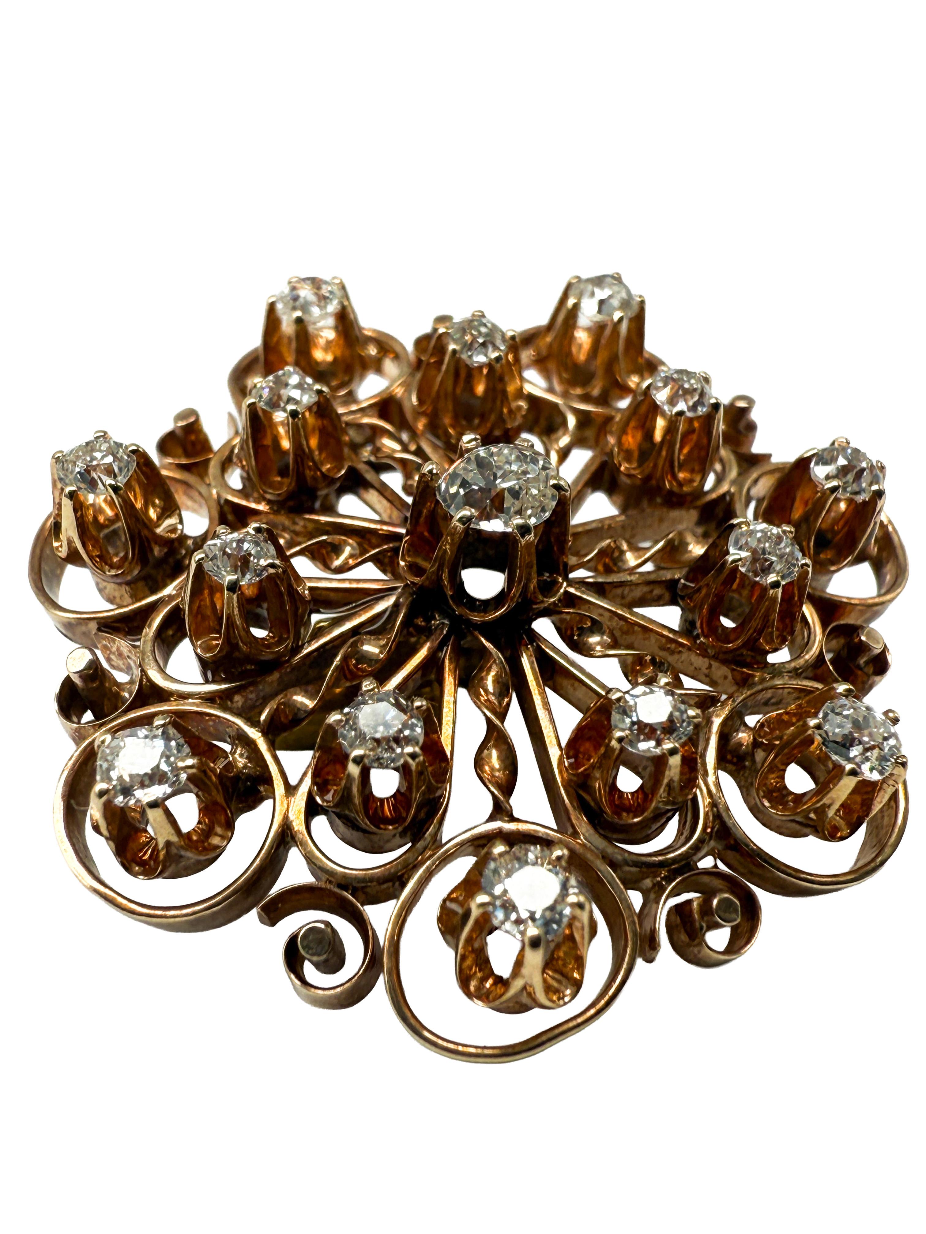 Brilliant Cut Pendant/Brooch in 14k Yellow Gold with Diamonds For Sale
