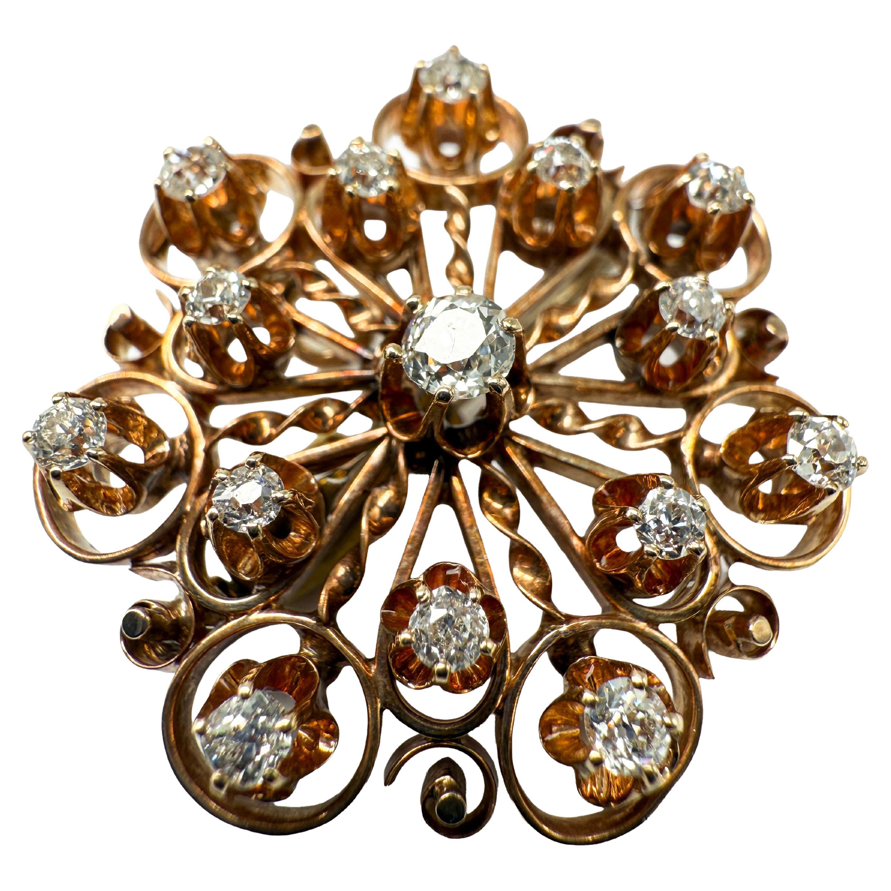 Pendant/Brooch in 14k Yellow Gold with Diamonds For Sale
