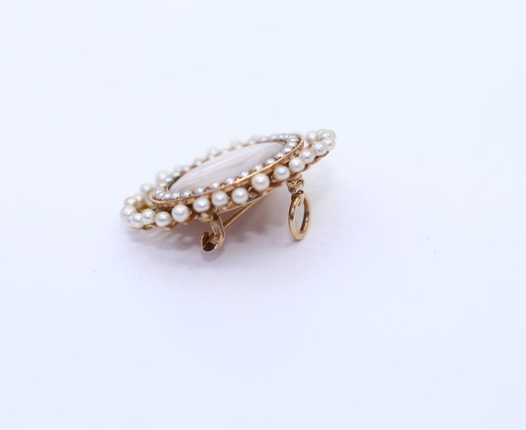 Pendant Brooch Portrait Lady Pearls 14k Gold 27 March, 1890 For Sale at