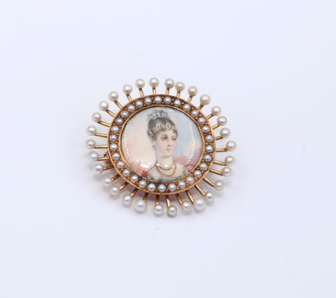 Women's or Men's Pendant Brooch Portrait Lady Pearls 14k Gold 27 March, 1890 For Sale