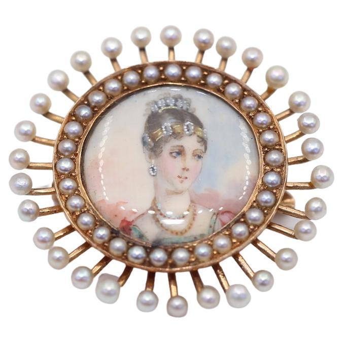 Pendant Brooch Portrait Lady Pearls 14k Gold 27 March, 1890 For Sale