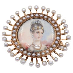 Broche pendentif portrait de femme en or 14 carats et perles, 27 mars 1890