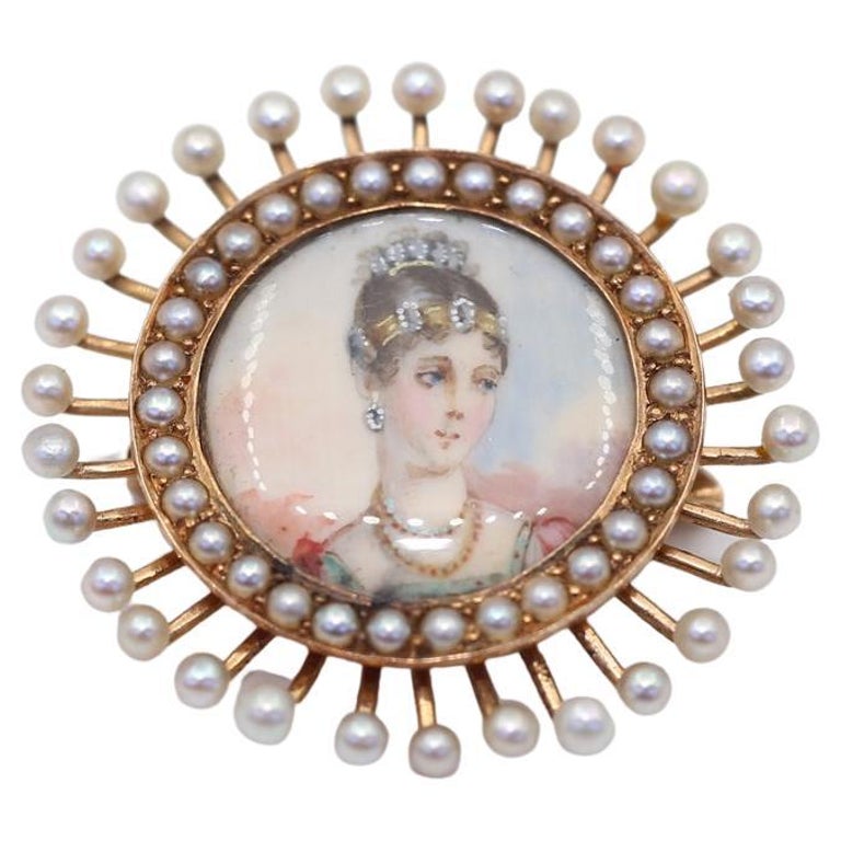 Pendant Brooch Portrait Lady Pearls 14k Gold 27 March, 1890 For Sale at