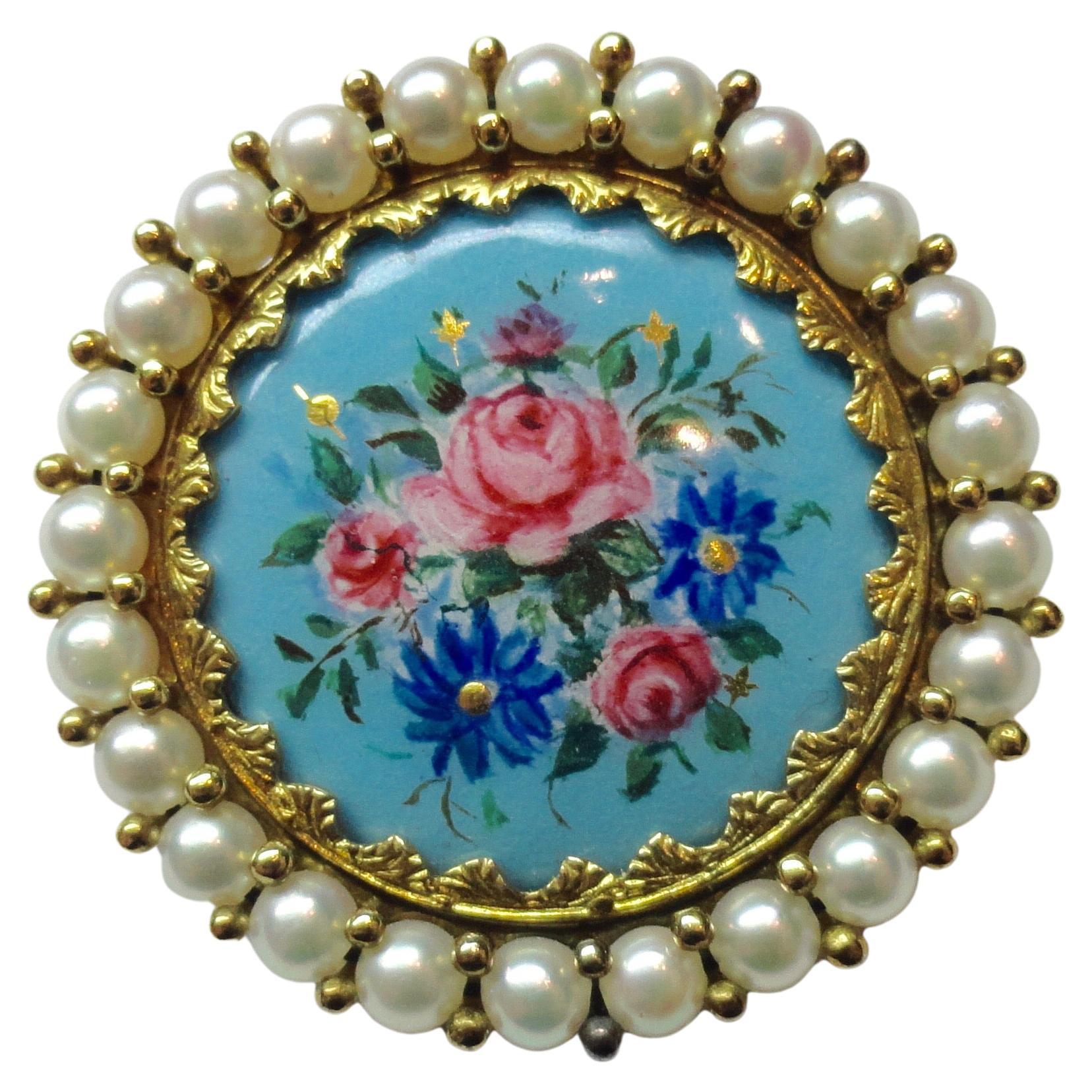 Anhänger-Brosche mit floraler Emaille und Perlen im Angebot