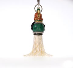 Pendant, Buddha, Malachite, Enamel, Natural Pearl Tassel on Long Chain